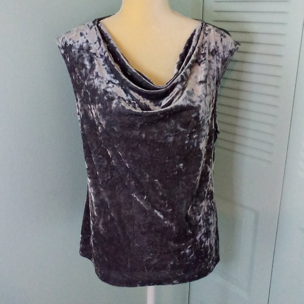 DKNY M GREY SILVER CRUSHED VELVET VELOUR COWL NECK TANK HOLIDAY STRETCH NEW YEAR